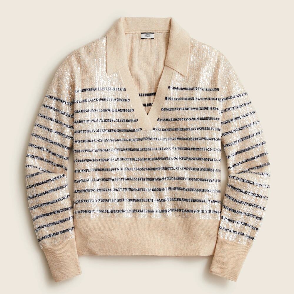 J.Crew Collection Women's Tan & Navy Sequin Collared Stripe Sweater Size Small